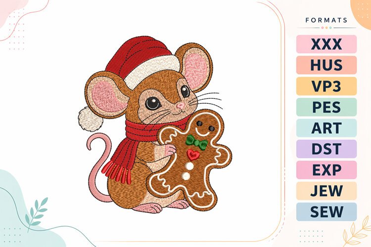 Christmas Mouse with Gingerbread Cookie Embroidery Design example image 1