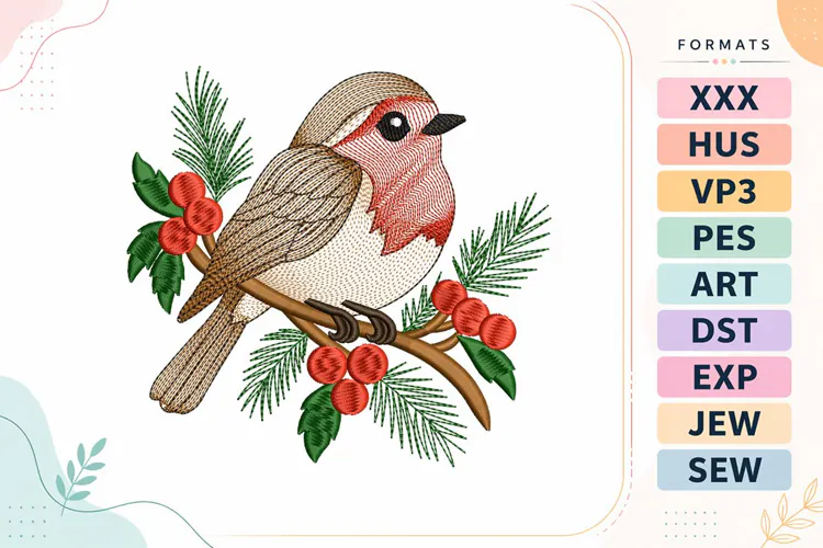 Ripple Christmas Robin Embroidery Design For Machine