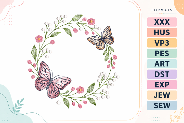 Ripple Butterfly Floral Wreath Embroidery Design For Machine