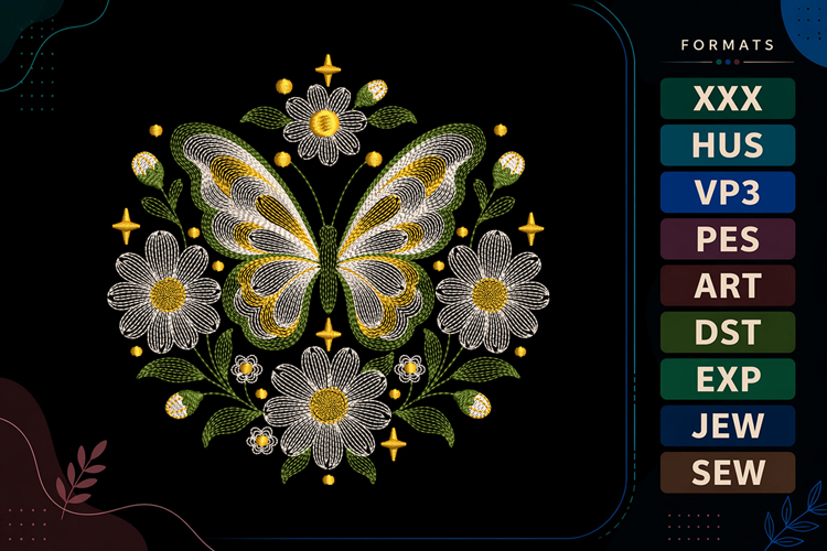 Ripple Butterfly with Daisies Embroidery Design For Machine