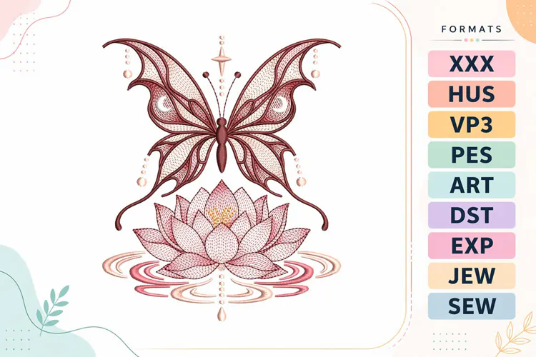 Ripple Butterfly Lotus Flower Embroidery Designs For Machine