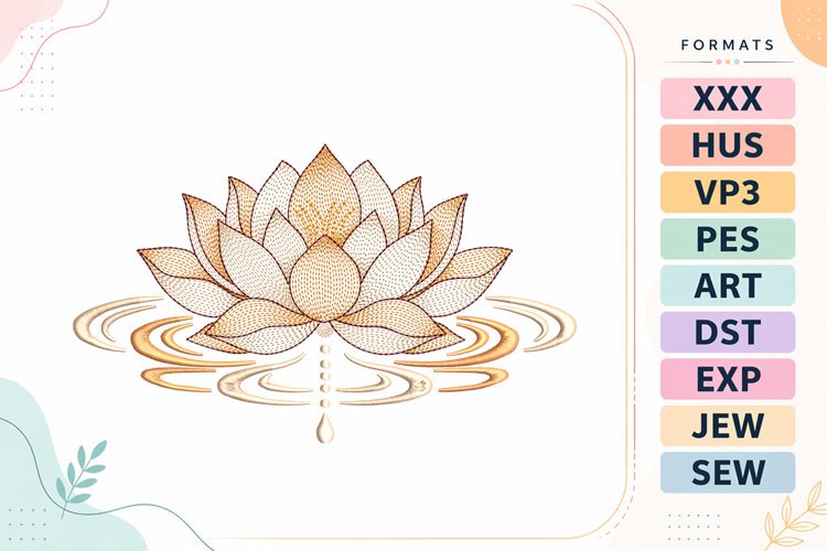 Lotus Flower with Water Ripple Embroidery Design example image 1