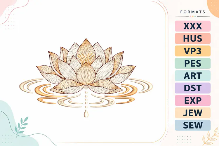 Lotus Flower with Water Ripple Embroidery Design