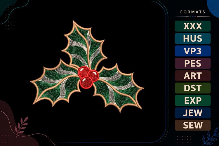Ripple Christmas Holly Machine Embroidery Design example image 1