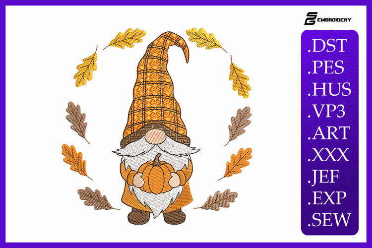 Fall Gnome with Pumpkin Embroidery Designs For Machine
