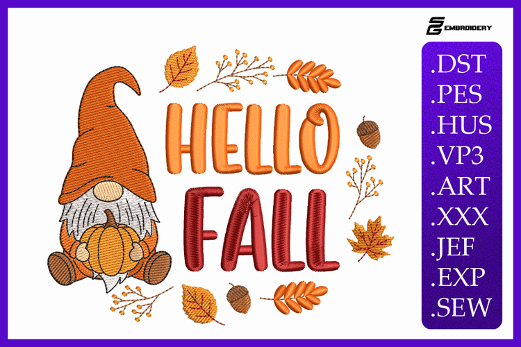 "Hello Fall" Gnome Embroidery Designs For Machine