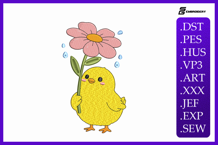 Cute Chick with Flower Embroidery Designs For Machine