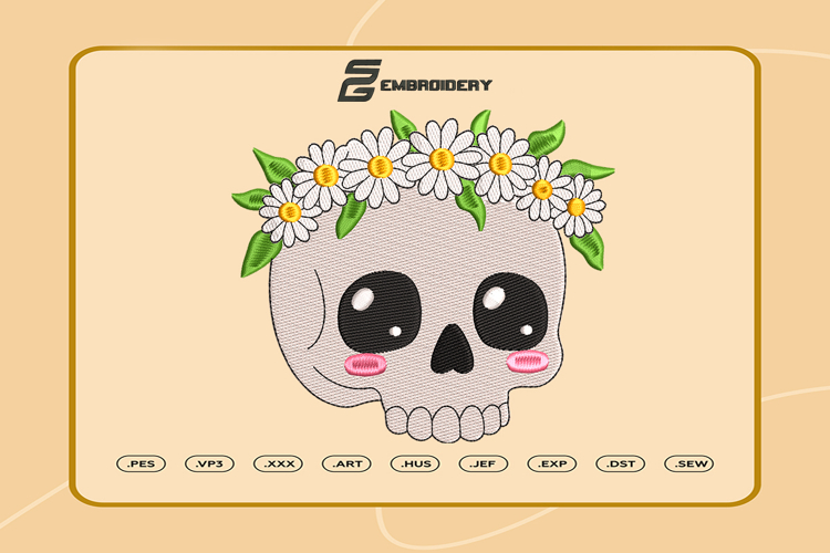 Kawaii Skull with Daisy Crown Embroidery Designs For Machine example image 1