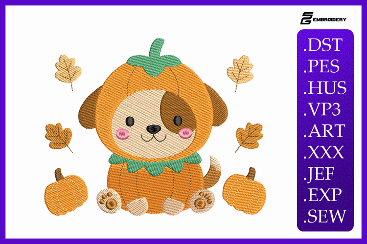 Cute Puppy in Pumpkin Costume Embroidery Designs For Machine