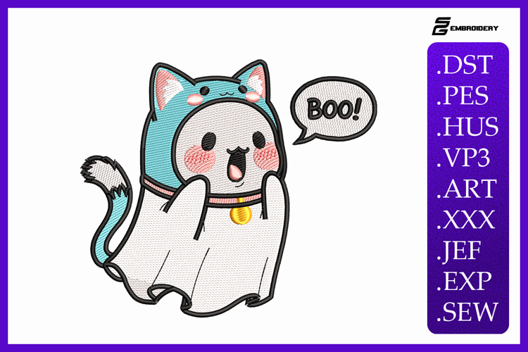 Cat Ghost Saying BOO! Embroidery Designs For Machine