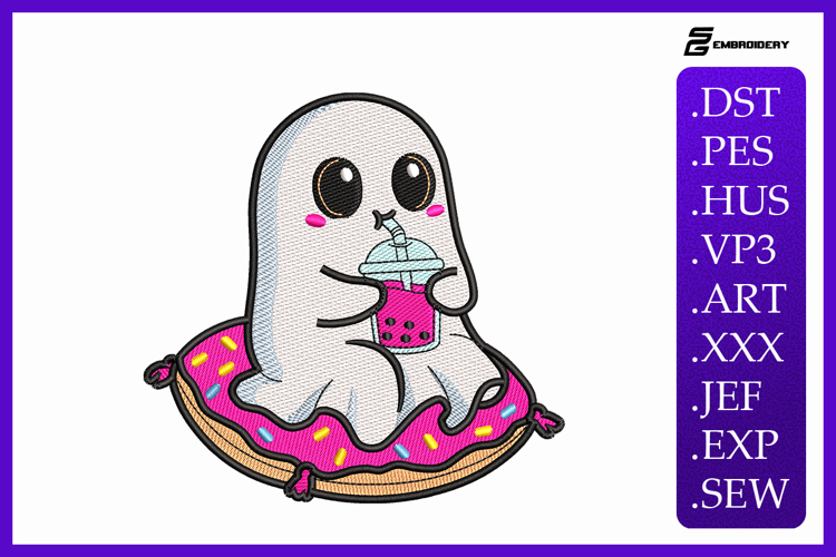 Relaxing Ghost Drinking Boba Embroidery Designs For Machine