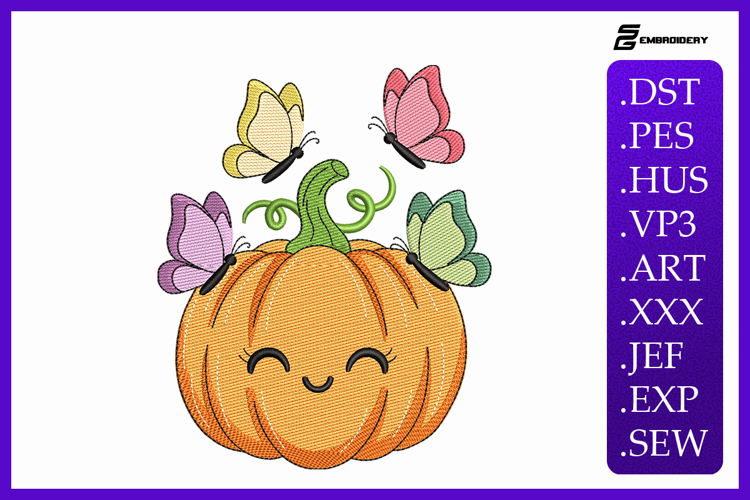 Cute Pumpkin with Butterflies Embroidery Designs For Machine