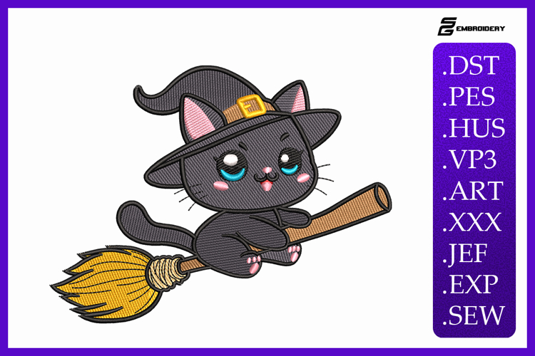 Adorable Witch Cat Embroidery Designs For Machine