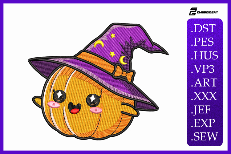 Cute Pumpkin in Witch Hat Embroidery Designs For Machine