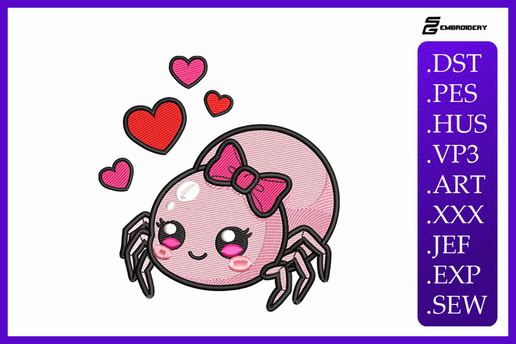 Cute Pink Spider with Hearts Embroidery Designs For Machine