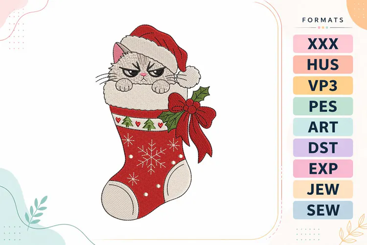Christmas Cat in Stocking Embroidery Designs For Machine