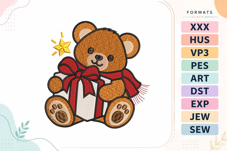 Christmas Teddy Bear with Gift Embroidery Design