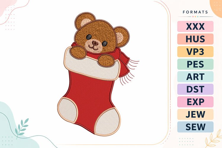 Christmas Teddy Bear in Stocking Embroidery Designs example image 1