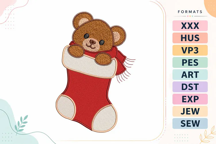 Christmas Teddy Bear in Stocking Embroidery Designs