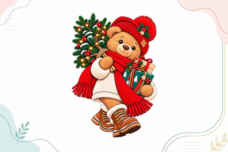 Cute Christmas Teddy Bear with Gifts & Tree PNG example image 1