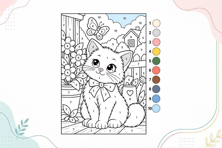 Cute Kitten Color by Number Coloring Page example image 1