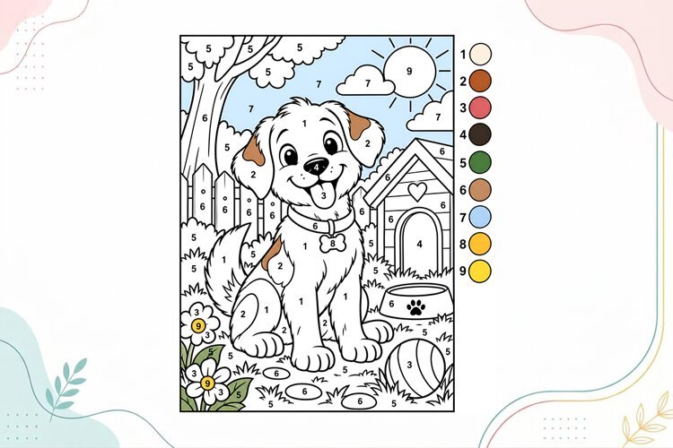 Cute Puppy Color by Number Coloring Page example image 1