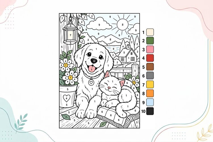 Cute Puppy & Kitten Color by Number Coloring Page example image 1