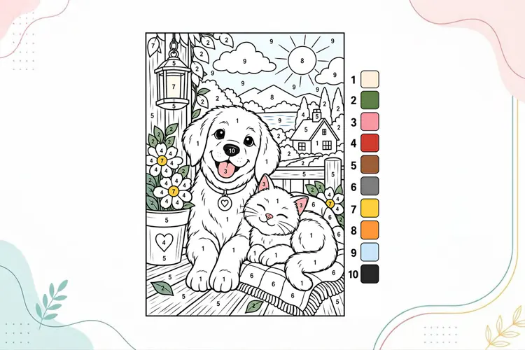Cute Puppy & Kitten Color by Number Coloring Page
