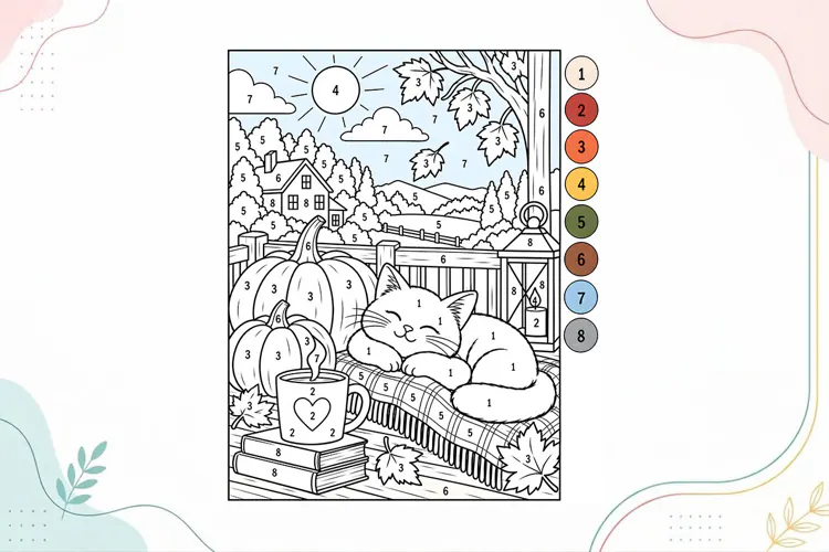 Cozy Autumn Cat Color by Number Coloring Page