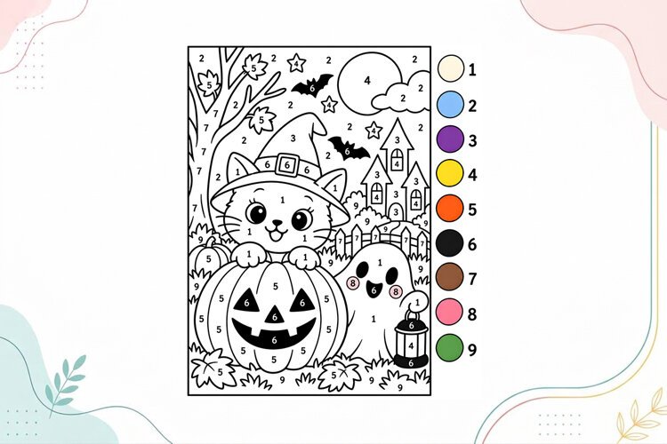 Cute Halloween Cat Color by Number Coloring Page example image 1