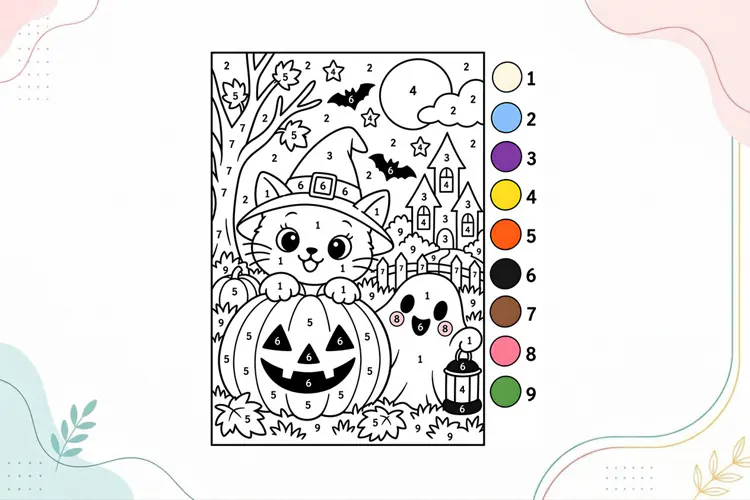 Cute Halloween Cat Color by Number Coloring Page