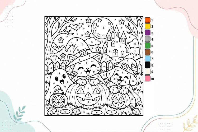 Halloween Cat & Puppy Color by Number Coloring Page example image 1