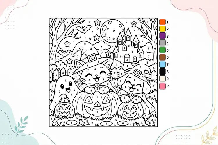 Halloween Cat & Puppy Color by Number Coloring Page