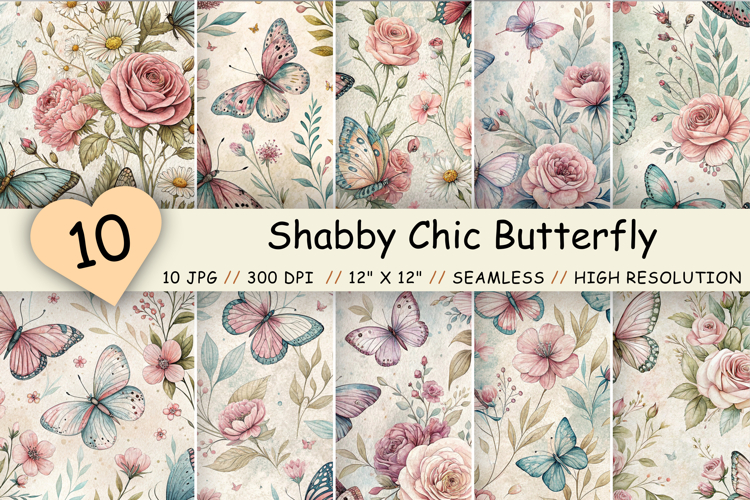 Shabby Chic Butterfly Seamless Patterns, Vintage Floral