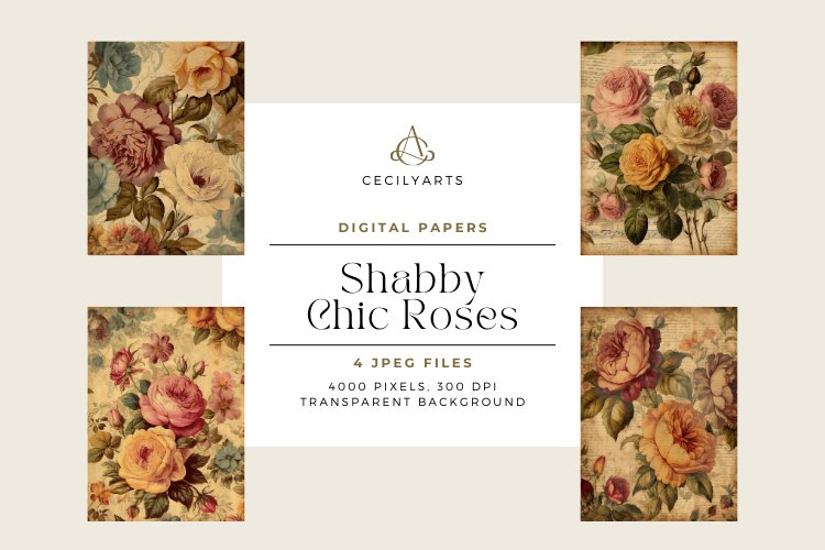 4 Shabby Chic Roses Junk Journal Papers example image 1