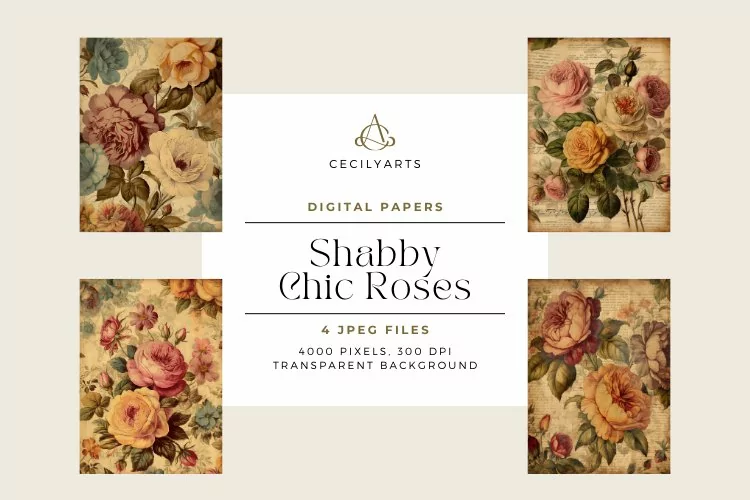 4 Shabby Chic Roses Junk Journal Papers