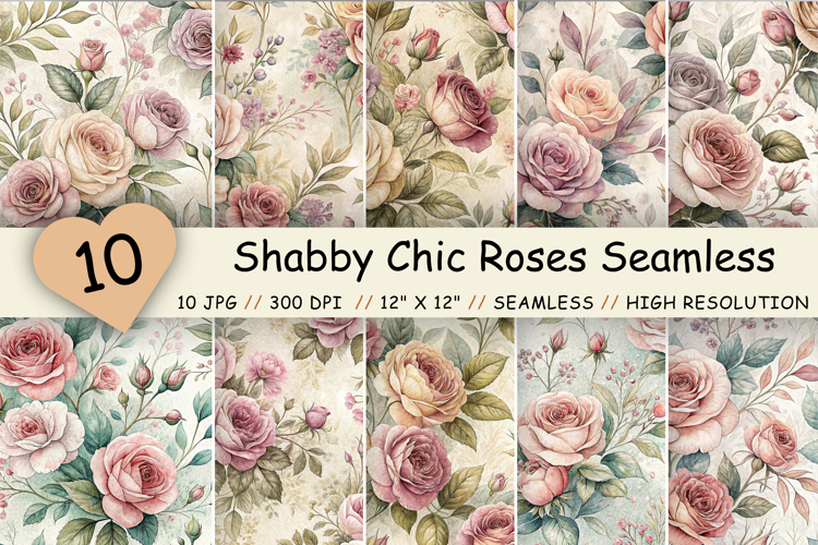 Shabby Chic Roses Seamless Pattern Bundle, Vintage Rose