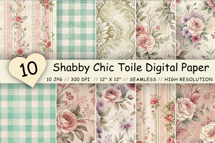 Shabby Chic Toile Digital Paper Pack, Vintage Floral Toile