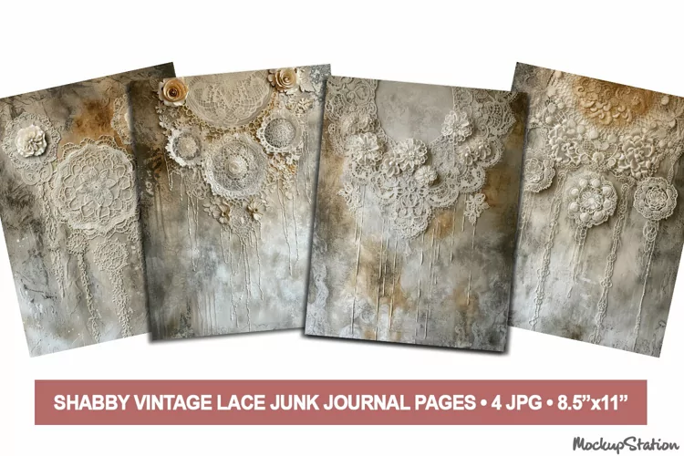 Vintage Shabby Lace Background Junk Journal Pages, Scrapbook