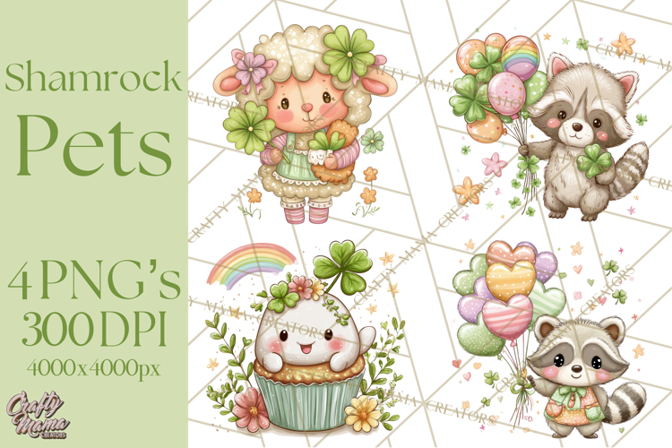 Cartoon Lucky Animals Clipart PNG, Shamrock Pets Printable