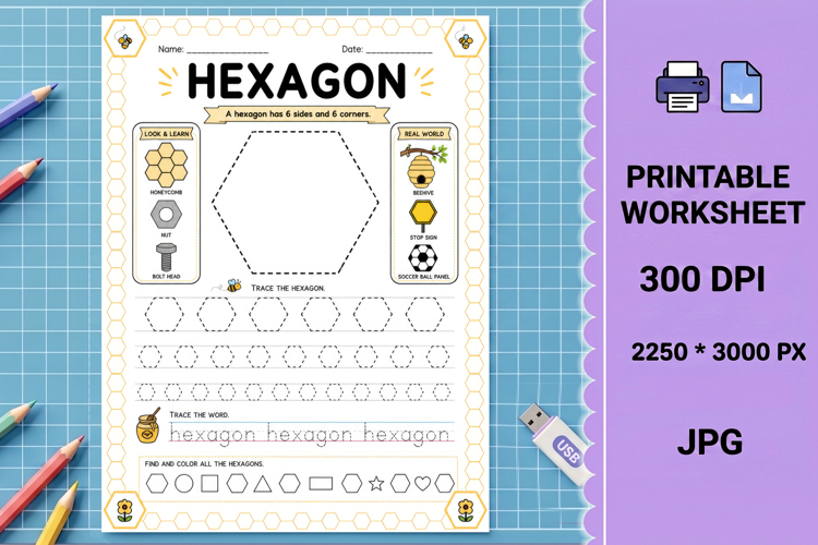 Hexagon hexagons six sided Shape tracing printable worksheet