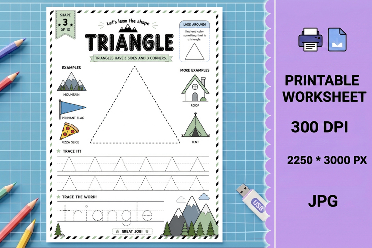 Triangle shapes geometry Shape tracing printable worksheet