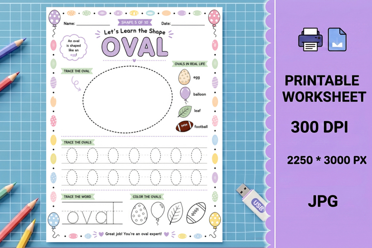 Oval preschool Shape tracing printable worksheet
