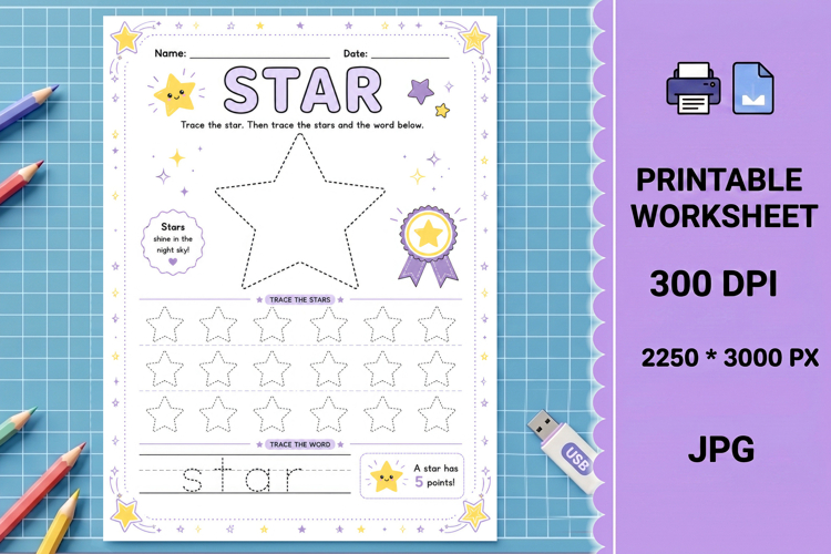 Star trace preschool Shape tracing printable worksheet