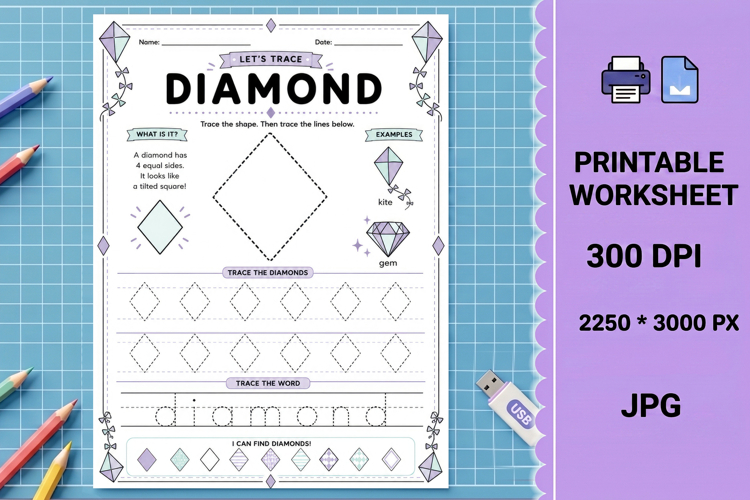 Diamond rhombus trace Shape tracing printable worksheet