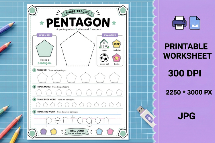 Pentagon geometry Shape tracing printable worksheet