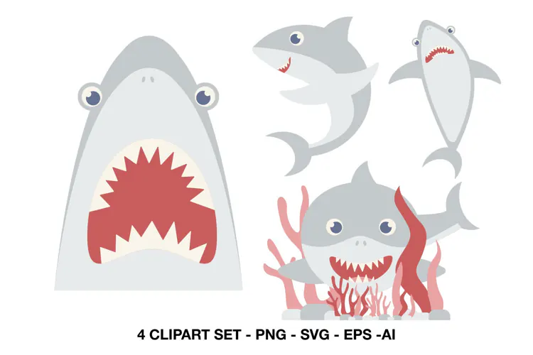 Cute Shark Clipart with Ocean and Coral Designs