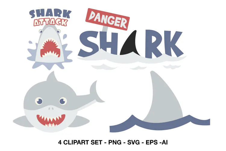 Cute Shark Clipart with Shark Attack Signs