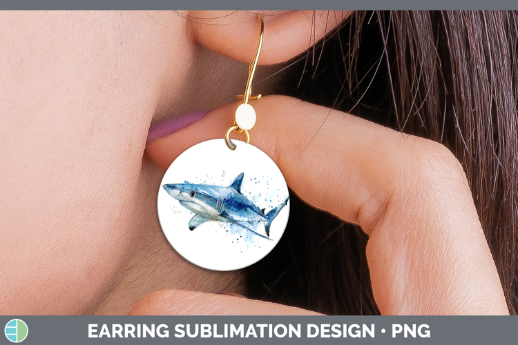 Blue Shark Sketch Round Earrings Sublimation Design