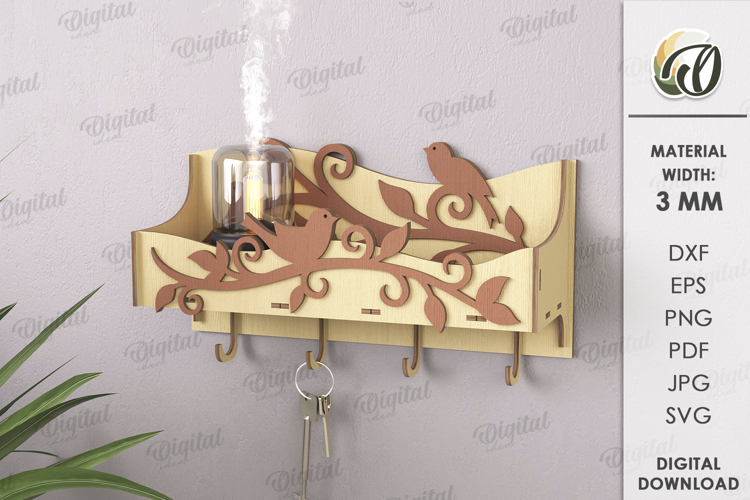 Shelf with key holders Laser Cut. Home Organizer SVG